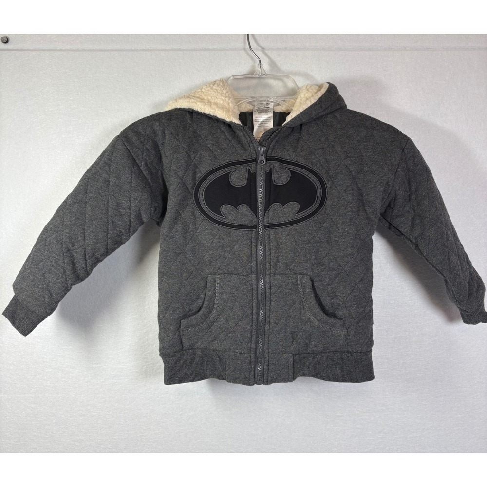 Batman Boys Quilted Sherpa Lined Hoodie Gray Zip Up Jacket with Ears DC Comics